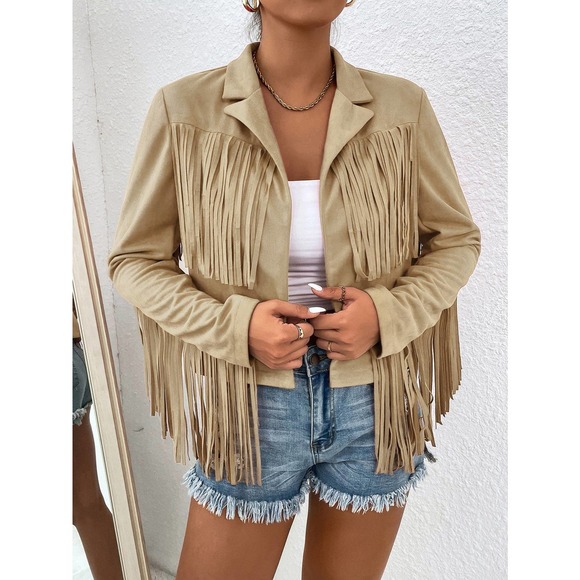 boho cowboy Fringe Trim Open Front Jacket vegan suede hot pink - Picture 7 of 11